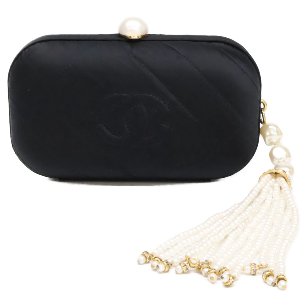 CHANEL Vintage Satin Clutch Bag with Pearl Crystal Tassel, Black Gold Hardwar...